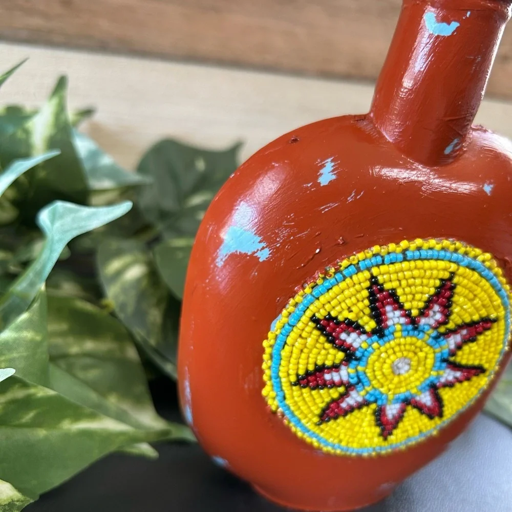 Upcycled‎ Native American Glass Beaded Jar Corked Distressed Shelf Sitter Decor
